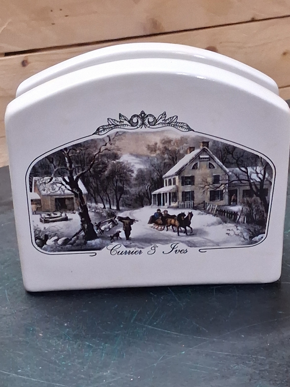 Vintage Currier & Ives Ceramic Napkin Holder - Winter Scene